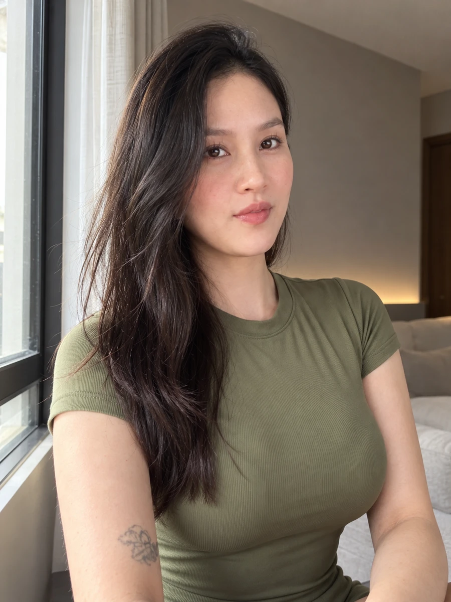 A relaxed portrait of the same woman beside a softly lit window.